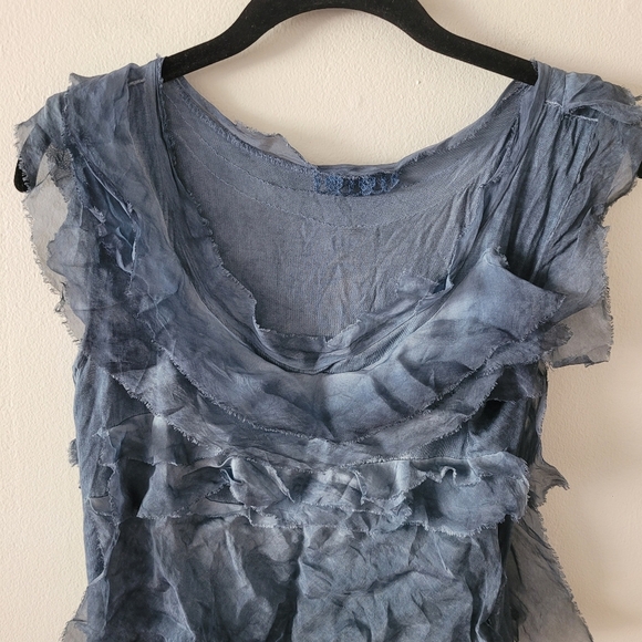Made In Italy Silk Asymetrical Layered‎ Top One Size Washed Denim - Picture 2 of 9